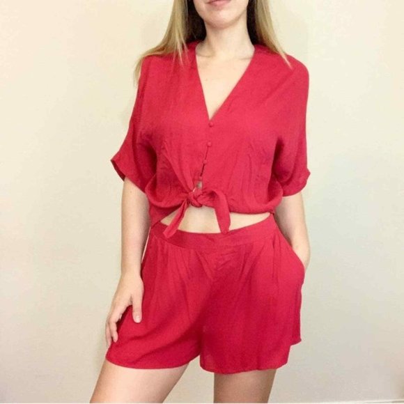 Mustard Seed Front Tie Red Romper Short Sleeves Cut Out Rayon 100% Size M - Picture 12 of 12